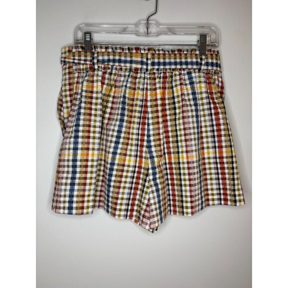 LOFT NEW Paper Bag Waist Seersucker Plaid Shorts Womens L Colorful Pockets Belt - Picture 2 of 6